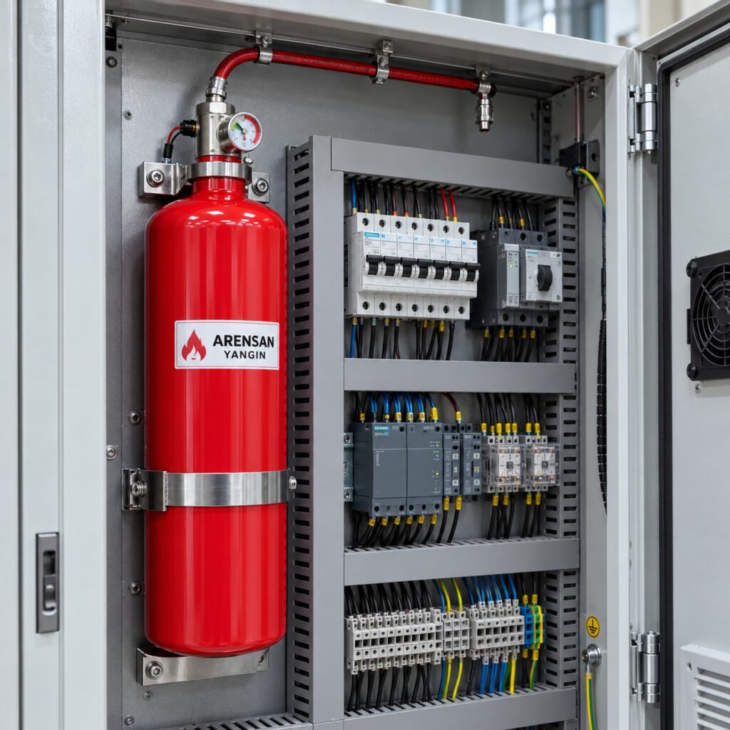 Elektrik panosu içine monte edilmiş otomatik yangın söndürme tüpü